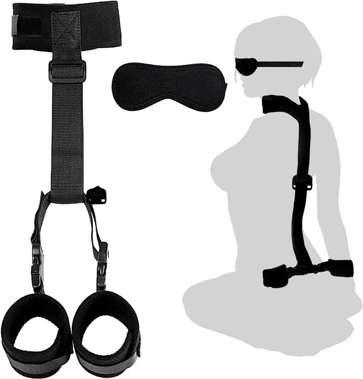 BDSM Neck to Wrist Adjustable Restraints Bondage Set Couple BDSM Games Play Sex Toy Behind Back Handcuffs Collar with Blindfold