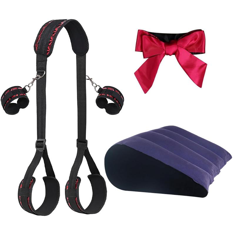 Position Harness Neck to Ankle Thigh Cuff Fetish Handcuffs Blindfold BDSM Sex Bondage Restraints Set with Inflatable Ramp Pillow