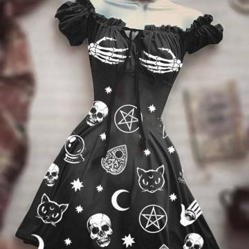 2023 New Hot-selling 3D Printed Temperament commuter Halloween Drawstring Puffed Sleeve High-waisted Dress