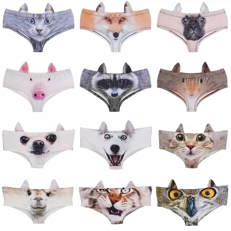 3D Stereo Ears Women Underwear Cute Animal Printed Underpants Sexy Low-Waist Panties Solid Color Female Briefs