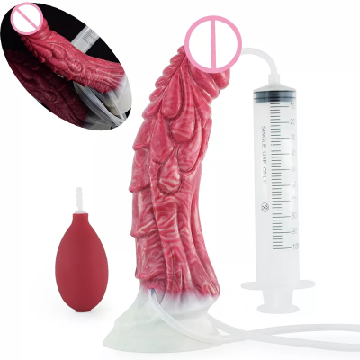 FAAK Popular Skin-friendly and Comfortable Soft Silicone Squirting Dildo in Dark Red with Injector and Pump