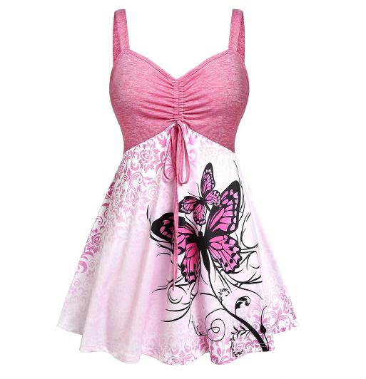 Fashion Ombre Color Butterfly Print Ruched Drawstring Pleats Mini Dress Casual Sleeveless V Neck Sling Women Summer Sexy Dress