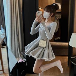 High Waist Mini Dress Women Long Sleeve Fall Sexy Girls Casual Simple Ball Gown Ins Fashion All-match Vestidos Mujer Sweet Young