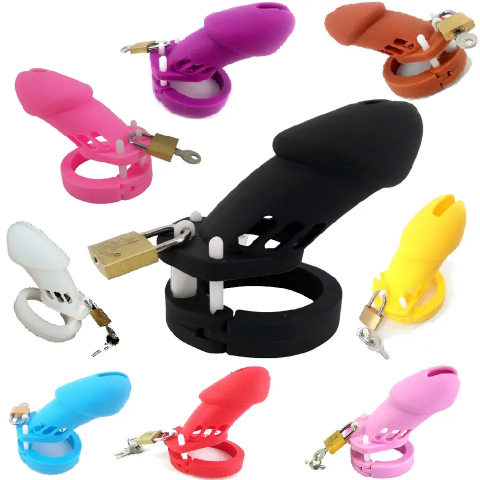 Male Silicone Cock Prison Chastity Device Cock Cages Sex Toys Penis Belt Lock With Five Penis Rings With Standard Short Cage