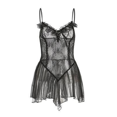 Sexy Lingerie Small Breast Lace Mesh See-through Backless Seductive Flirtation Uniform Passion Maid Pajamas Halter Nightdress