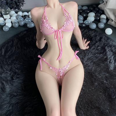 Summer Fashion Exotic Women's Clothing Lace Pattern Solid Color Simple Strap Hanging Neck Open Crotch Sexy lace panties