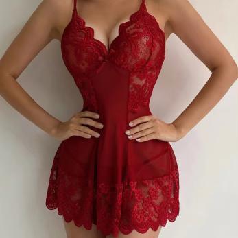 Women Sexy Lingerie Sleepwear Floral Embroidery Bow Mini Nightdress T-back Underpants Lady Erotic Lace Nightgown